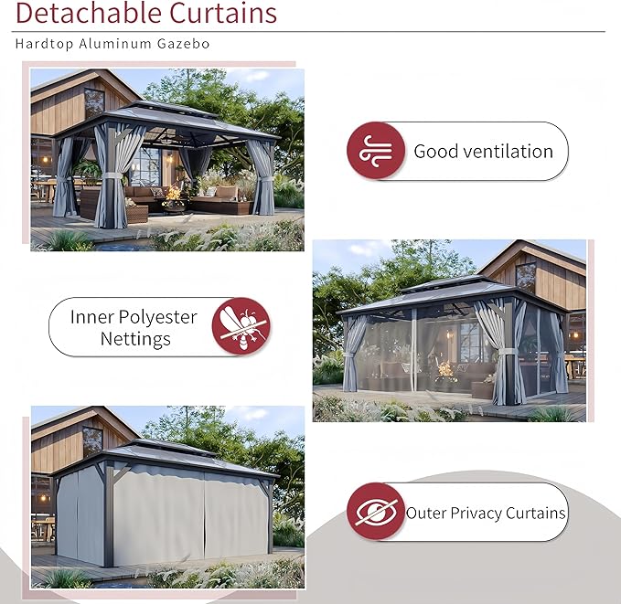 12’x16’ Hardtop Gazebo with Double Polycarbonate Roof, Sturdy Aluminum Frame & Removable Curtains/Netting,Outdoor Metal Shelter Pergola for Garden, Patio, Lawn (Grey)