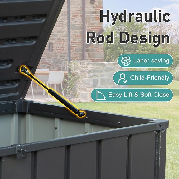 Domi Deck Box Outdoor Storage Box 120 Gallon, Large Metal Storage Cabinet with Resin Lid, Waterproof Lockable Patio Storage Box for Cushions Garden Tools Pool-Supplies, Dark Grey
