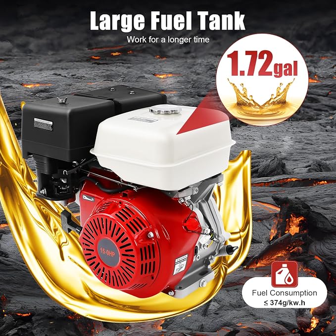 420CC 15Hp Gasoline Engine, 9700W Mini Bike Engine Pull Start Air Cooling Go Kart Motor 4-Stroke Small Gas Engine 3000-3600Rpm for Water Pumps, Vibrators, Generators with 1.72 Gallons Fuel Tank