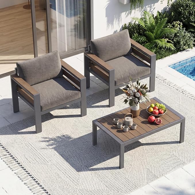 SUNYRISY Aluminum Outdoor Patio Furniture Set with Coffee Table, 3 Piece Metal Outdoor Modern Conversation Sets with Thick Cushions, Sectional Sofa Couch Set for Porch, Deck, Backyard
