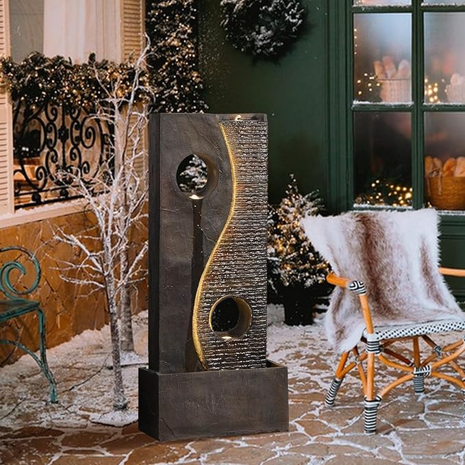 Sunlinua Indoor Water Fountain 47 inches Large Cascading Modern Faux Rust Waterfall Outdoor Fountain Resin Water Feature with LED Lights for Living Room, Garden, Patio, Porch