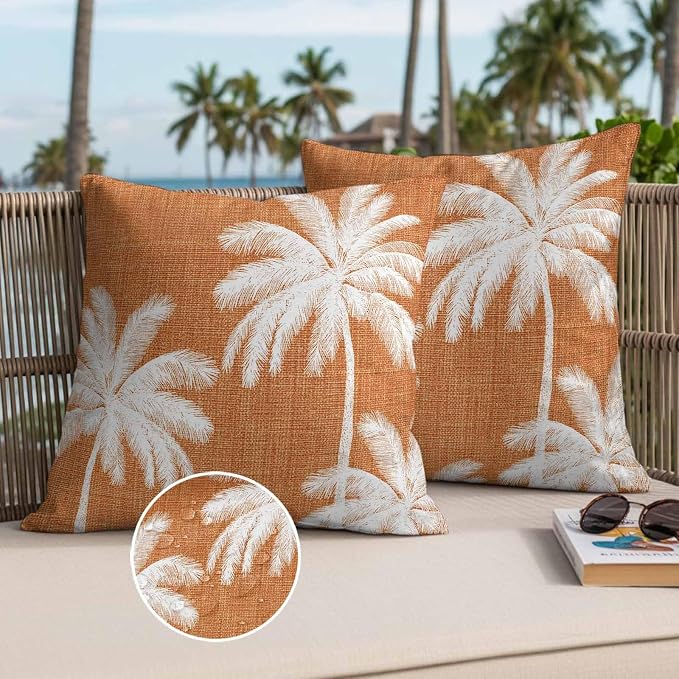 Outdoor Pillow Covers 26x26 Inch Set of 2, Burnt Orange Palm Trees Waterproof Throw Pillow Covers, Farmhouse Tropical Summer Beach Decorative Cushion Pillowcases for Couch, Sofa, Bed, Garden, Patio
