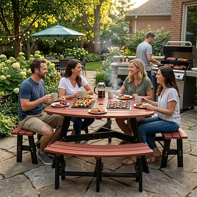 6 Person Wooden Picnic Table, Outdoor Picnic Tables with 3 Built-in 500 LBS Benches, Circular Camping Dining Table and Chairs Set with Umbrella Hole for Garden, Patio, Backyard