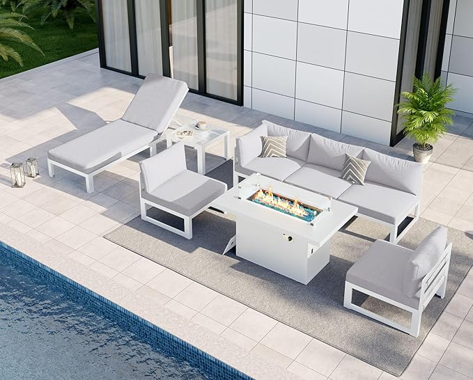 NICESOUL 8 Pcs Aluminum Patio Furniture Set for Large Groups, 500lbs Heavy Duty Outdoor Sectional Sofa with Lounge & Fire Pit Table, 29" Deep Wide Seating Conversation Couch for Poolside, Light Gray