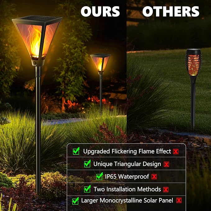 iBaycon 2 Pack 28" Solar Flame Torch Lights, Flickering Flame Garden Lights Outdoor Waterproof, Solar Pathway Light for Yard Lawn Path Landscape Decor