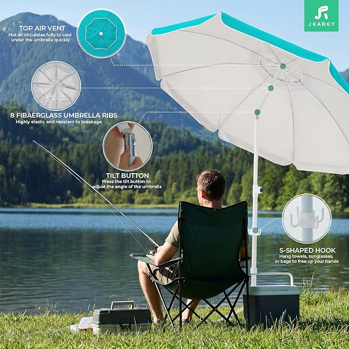 JEAREY 6.5ft Sun Shade Umbrellas, Portable Umbrella with Stand, Lightweight Sun Protection Free Standing Sport Umbrella for Outdoor Sports, Camping, Fishing, Patio, Beach, Peacock Blue