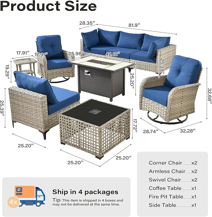 9 Pieces Outdoor Sectional Patio Furniture Set with 42" Fire Pit,Conversation Sets Rattan Wicker L Shaped Couch Swivel Rocking Chairs,Modular Outdoor Sofa for Porch Balcony Backyard Navy Blue