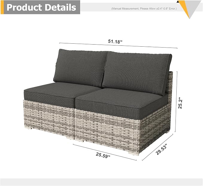 Weaxty 2 Pieces Patio Furniture Sets Middle Seats, Wicker Outdoor Sectional Sofa with Thicken Cushion, Patio Conversation Couch Set for Porch, Balcony,Yard, Poolside, Black