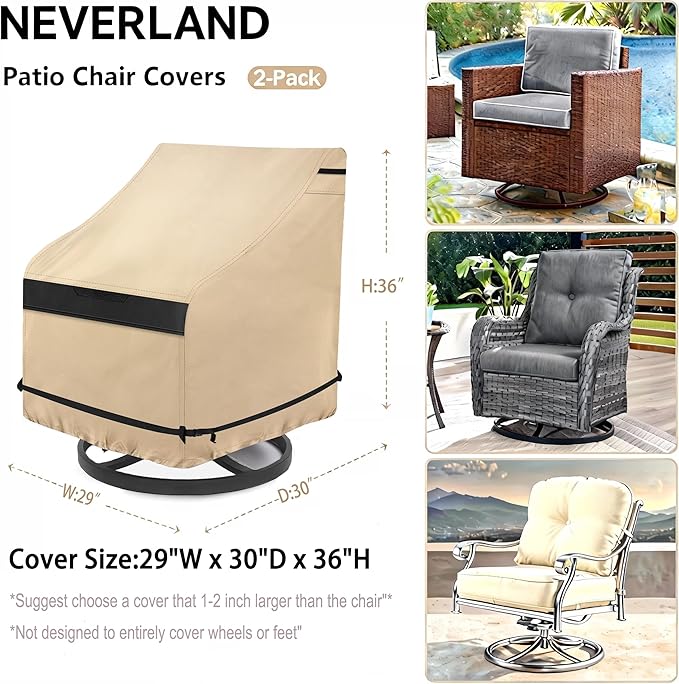 NEVERLAND Patio Chair Covers 2 Pack, 600D Heavy Duty Waterproof Outdoor Chair Covers, Windproof and UV Resistant Furniture Covers for Lounge, Swivel & Lawn Chairs, 29W x 30D x 36H Inch