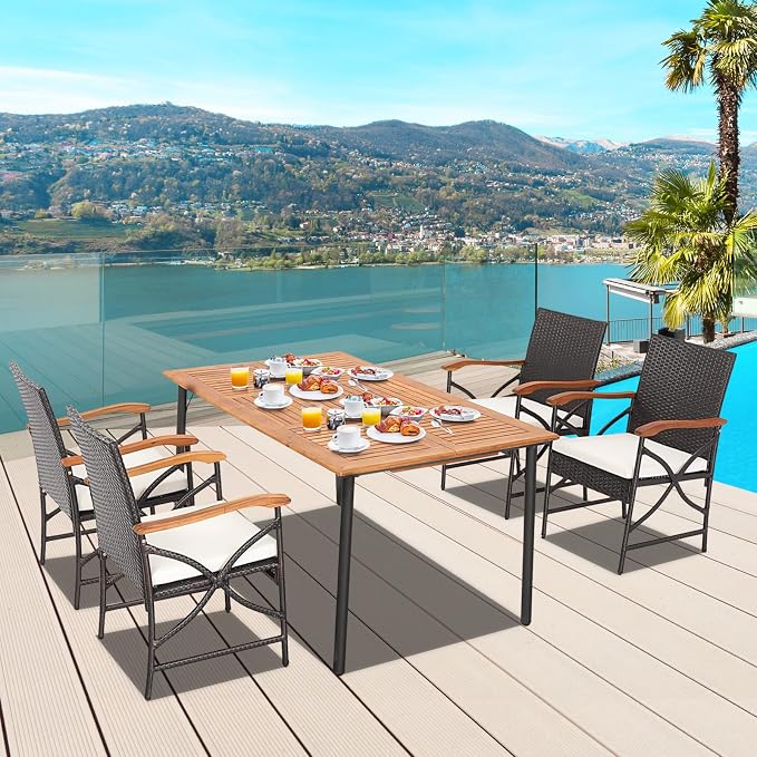 Tangkula 5 Pieces Outdoor Dining Set with Acacia Wood Table & 4 Wicker Rattan Armrest Chairs, Detachable Cushions, Umbrella Hole, All-Weather Patio Conversation Furniture Set for Garden Deck (5 PCS)
