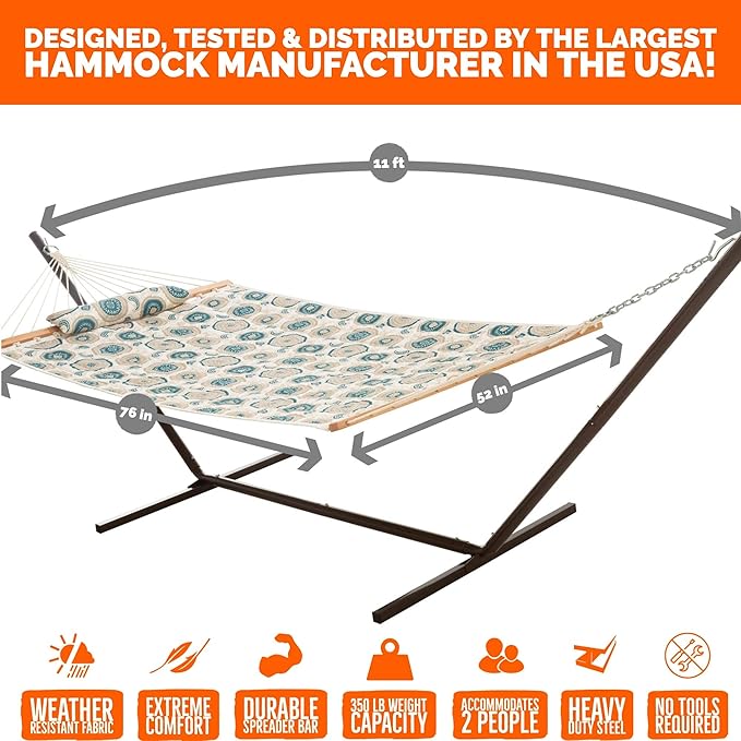 Castaway Living Large 2-Person Quilted Hammock with Stand & Pillow – Medallion, 10 ft. L x 52 in. W, 350 lb Capacity, Weather-Resistant Polyester, Portable Space-Saving Frame