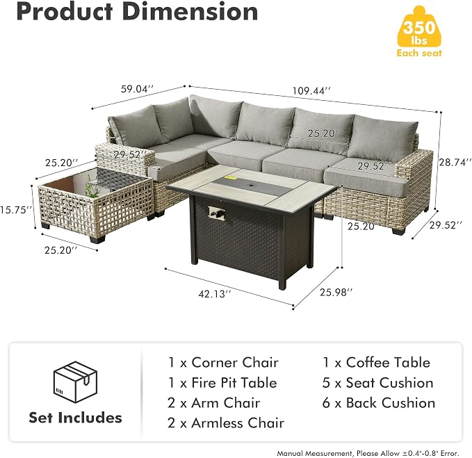 7 Pcs Outdoor Sectional Patio Furniture Set with Fire Pit Table - All Weather Wicker Modular L Shaped Outside Sectional Couch,Patio Seating Outdoor Conversation Sets for Deck Yard Garden,Dark Grey
