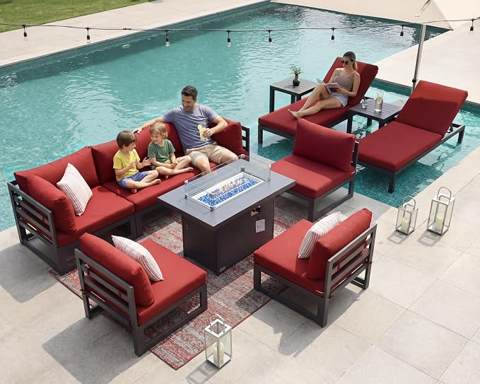 RADIATA 8 Person Modern Aluminum Outdoor Patio Furniture Set with Chaise & Firepit Table, 29 inch Wide Deep Seat, All Weather Modular Sectional Couch, Oversized Conversation Set for Garden Deck, Red