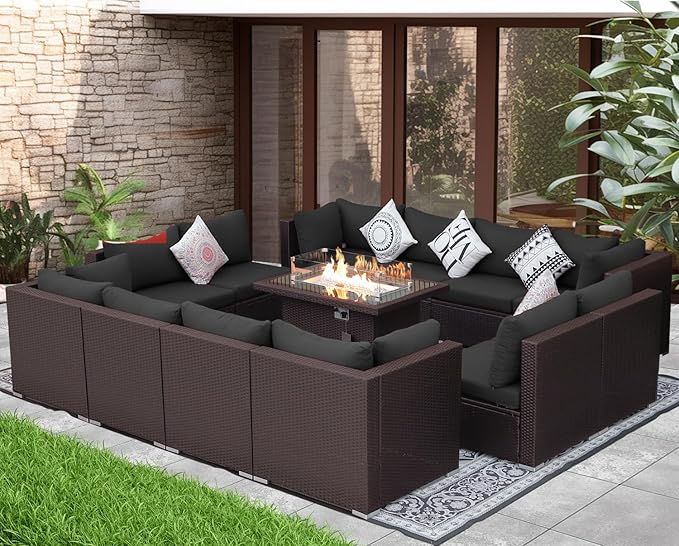 NICESOUL 13 Piece Patio Furniture w/Fireplace, Elegant Outdoor Seating w/Firepit, XL 29.3'' High Back Sectional Sofa, All-Weather Rattan Deck Couch, Modular Sturdy Conversation Set, Brown & Gray