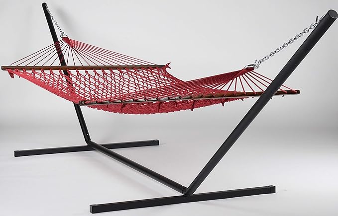 Rope Hammock and Tri Beam Stand (Red Hammock and Black Stand)