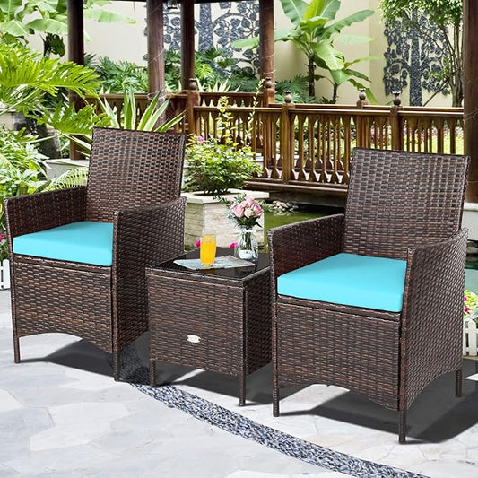 3 Pieces Patio Furniture Set, Wicker Outdoor Furniture with Water-Resistant Cushion & Tempered Glass Top Table, Conversation Set Bistro Set for Porch, Balcony, Backyard (Turquoise)