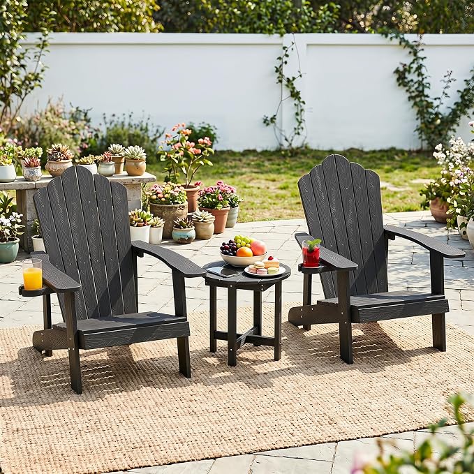 Tangkula Round Outdoor Side Table, Adirondack Side Table with Weather-Resistant, Waterproof Top, Small Outside End Table for Patio Deck Pool Porch, Easy Maintenance (Black,1)