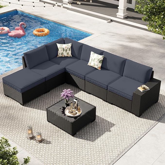 7 Pieces Patio Furniture Set,Wicker PE Rattan Outdoor Sectional with Cushion & Coffee Table, Patio Conversation Sofa for Garden, Backyard, Poolside, Grey
