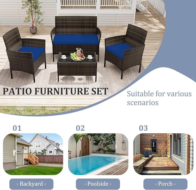 KOTEK 8 Piece Patio Furniture Set, Outdoor Rattan Conversation Set with Loveseat, Wicker Chairs, Tempered Glass Coffee Table, Wicker Patio Set for Backyard, Porch (Navy)