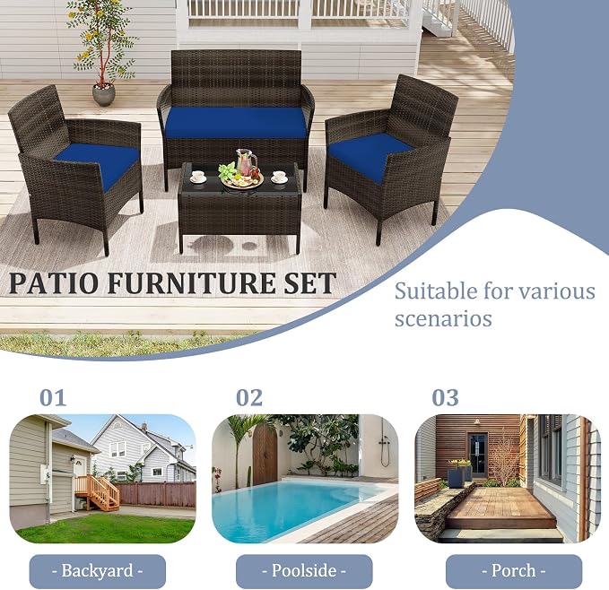 4 Piece Patio Furniture Set, Sectional Conversation Sofa Set with Glass Coffee Table, Cushions & Loveseat, Wicker Outdoor Table and Chairs for Pool, Garden, Deck, Backyard (1, Navy)