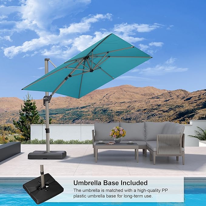 PURPLE LEAF Patio Umbrella with Base Included, 8ft Outdoor Aluminum Cantilever Umbrella with 360° Rotation, Champagne Offset Umbrella for Outdoor Garden Pool, Turquoise Blue
