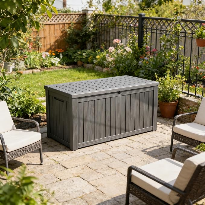 Fancyango 250 Gallon Outdoor Deck Box Waterproof, Large Storage Box for Patio, Resin Storage Bench Lockable for Garden Tools, Package Delivery, Grey