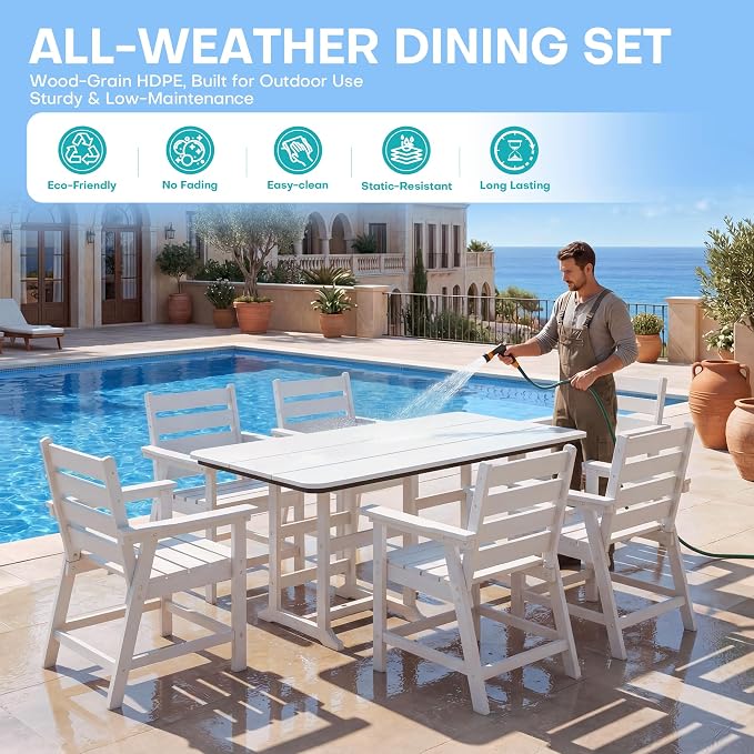 7-Piece Dining Set, HDPE Table & 6 Chairs, White | HDPE Dining Set: 69.1" Table + 6 Chairs, 380 lbs, 304 Stainless, All-Weather, No Rust No Crack, Outdoor Patio Garden