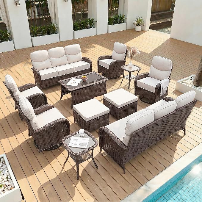 Patio Furniture Set with Luxury 6" Cushions, 11 Pieces Swivel Rocking High Back Patio Chairs, Couch and Ottoman, Outdoor Wicker Conversation Set for Deck, Porch, Backyard, Poolside, Beige