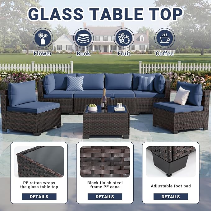 CHABATREE 7-Piece Outdoor Patio Furniture Sets, Manual Weaving Rattan Conversation Sectional Sofa with Tempered Glass Coffee Table, All-Weather PE Wicker & Thick Cushions for Garden, Backyard, Porch