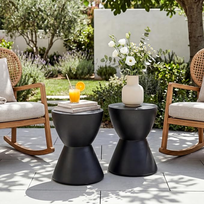 SUNBURY Outdoor Side Table Concrete, 19" H Outdoor End Tables Geometric Hourglass Shaped, Lightweight Round Accent Table, Decorative Modern Garden Stool for Patio, Backyard, Black