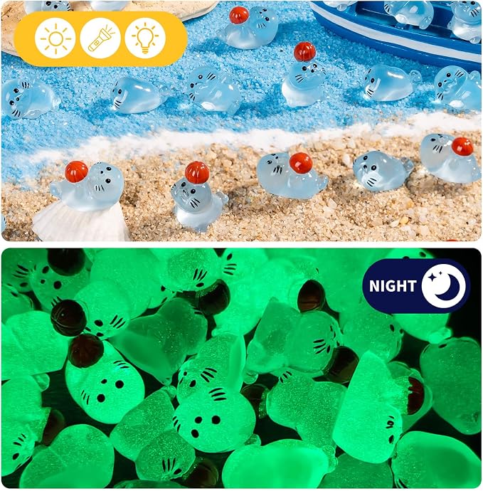 48 Pack Mini Glow in The Dark Resin Animals Seal Figures,4 Styles Luminous Little Sea Creatures Ocean Cute Miniature Figurines Bulk for Aquarium Decor