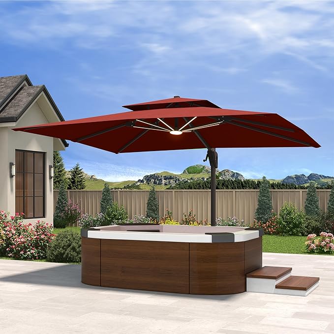 10' X 13' Cantilever Patio Umbrella with Led Lights Double Top Rectangular Outdoor Large Offset Umbrellas with 7 Tilts Adjustable 360°Rotation for Deck Pool Garden Backyard, Red
