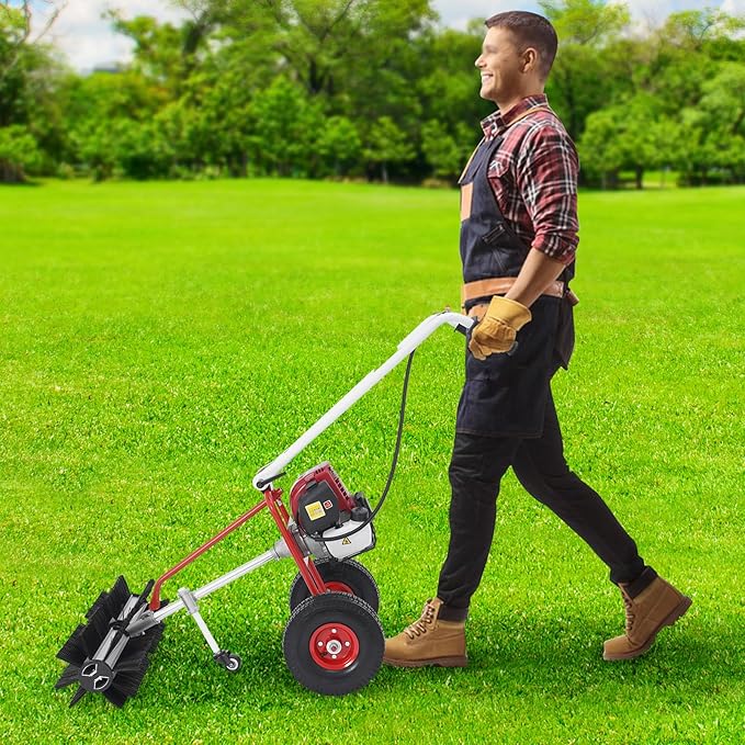 4-Stroke Lawn Sweeper, 37.7CC 1KW 2.3HP Gas Powered Hand Push Sweeper Lawn Brush Sweeper Hand Held Gas Power Broom Manual Floor Standing Sweepers w/0.17Gal Fuel Tank for Yard Farms Parks (37.7CC)