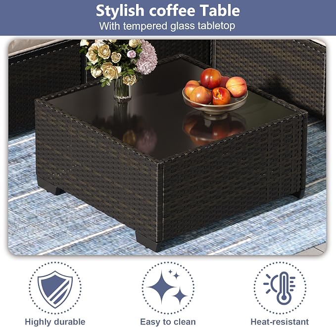 JOYURE 7 Pieces Patio Furniture Set, Outdoor Sofa with Waterproof Cushions, Rattan L Shaped Patio Couch & Coffee Table, Modern Outdoor Furniture for Backyard, Deck, Balcony – Grey