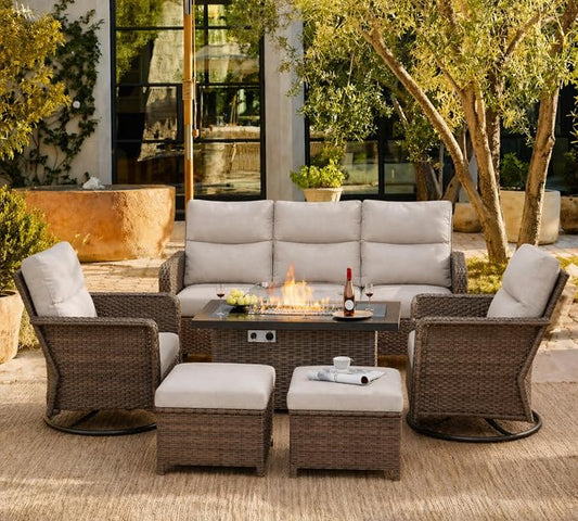 XIAO WEI 6-Piece Outdoor Furniture Set with Fire Pit Table, Wicker Patio Conversation Set with Cushions & Swivel Glide Chairs, All-Weather Patio Furniture Set for Backyard, Garden, Deck (Beige)