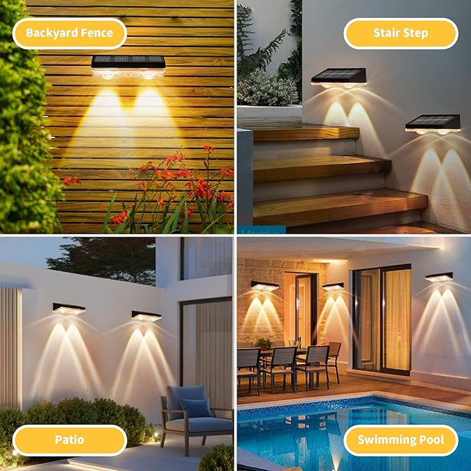 Solar Fence Lights Outdoor 2 Pack – Warm White with IP65 Waterproof Solar Deck Lights, 3000K Soft Ambient Glow for Fence Post, Backyard, Patio, Pathway – 12+ Hour Runtime, No Wiring, Auto On/Off