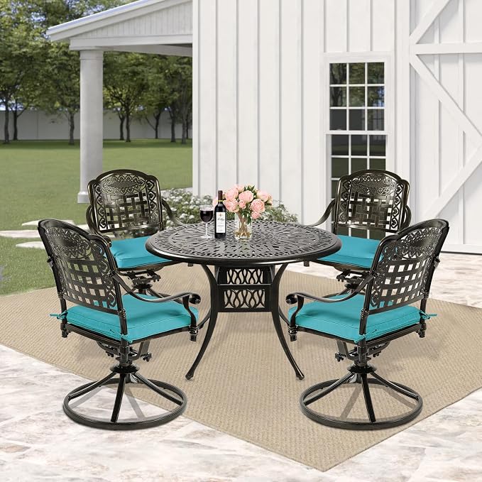 5 Piece Patio Dining Set, Outdoor Table and Chairs Set for 4 Cushioned Swivel Rocking Chairs and 35.4'' Round Table, All-Weather Cast Aluminum Patio Funiture Set, 2'' Umbrella Hole, Blue