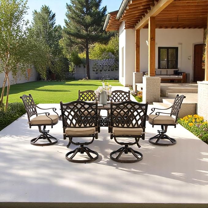 7 Piece Outdoor Dining Set Cast Aluminum Furniture Set，Retro Patio Dining Set for 6 Includes 59” Table and 6 Swivel Chairs with Cushions and 2" Umbrella Hole for Patio Deck Garden Poolside