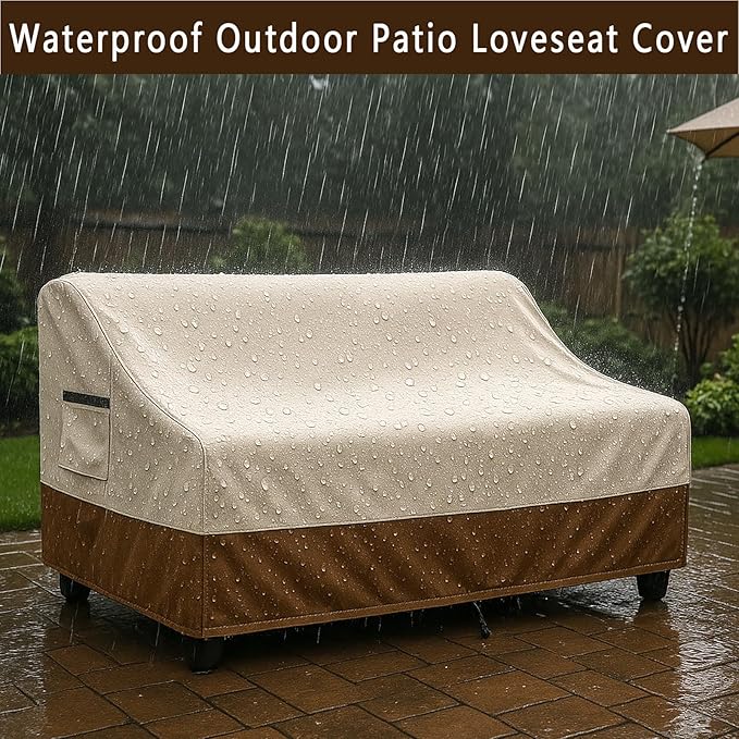 Waterproof Patio Loveseat Cover, 78.7W x 38.2D x 35H inches Heavy Duty 600D Weather-Resistant Outdoor Furniture Protector Beige and Brown