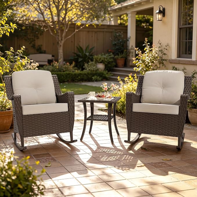 3 Pieces Patio Rocking Chairs, 2 High Back Rattan Furniture Set and Side Table, Outdoor PE Wicker Furniture Set, All Weather Patio Set with Waterproof Cushion for Porch and Deck