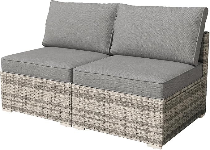 Weaxty 2 Pieces Patio Furniture Sets Middle Seats, Wicker Outdoor Sectional Sofa with Thicken Cushion, Patio Conversation Couch Set for Porch, Balcony,Yard, Poolside, Dark Gray