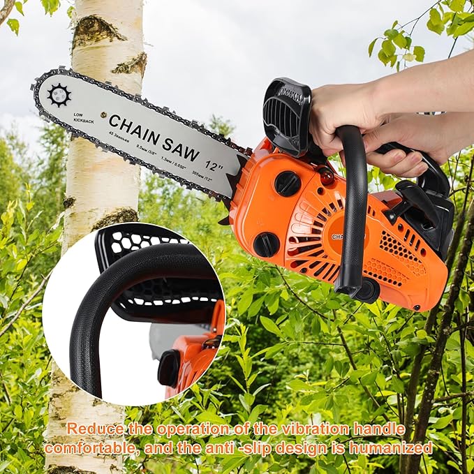 Gas Chainsaw, 12 Inch Top Handle Chainsaw, 25.4CC 2-Cycle Handheld Cordless Petrol Portable Gas Powered Chain Saw for Tree Wood Cutting Orange