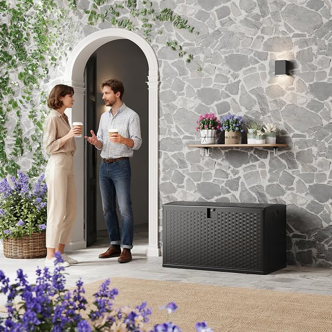 120 Gallon Outdoor Deck Box, Lockable Waterproof Outdoor Resin Box with Lid, Patio Storage Bin for Patio Furniture, Garden Tools, Pool Accessories - Black