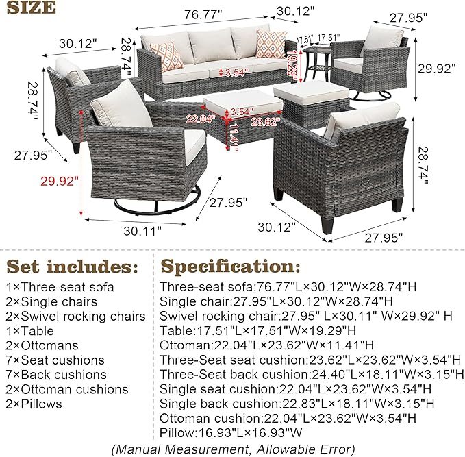 HOOOWOOO Wicker Patio Conversation Sets,8 Piece Outdoor Furniture Set with Swivel Rocking Chairs,All Weather Resistant Modern Outside Out Door Rattan Couch Chairs Side Table Set,Beige