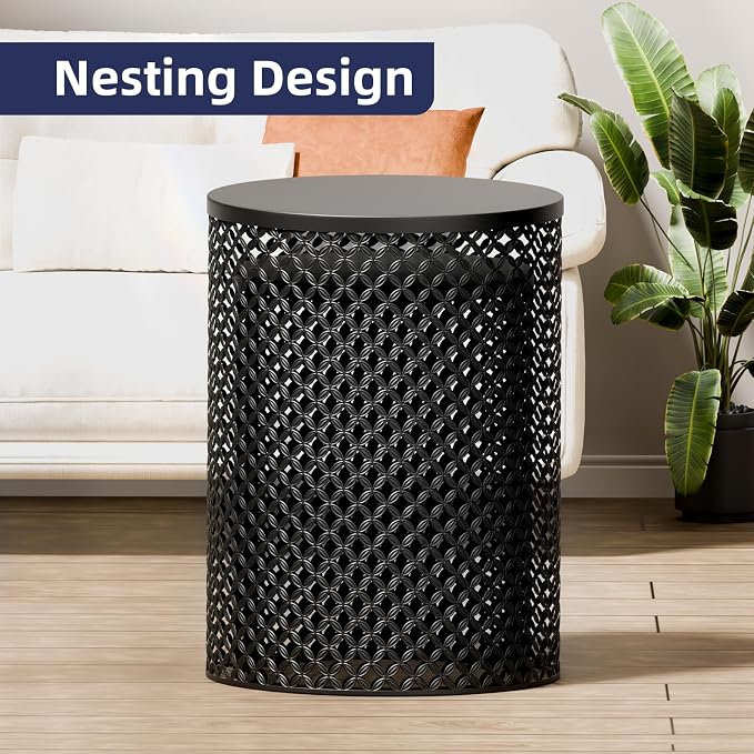 ChicFurnit Outdoor Side Table Set of 2, Cylindrical Metal Frame End Table, Decorative Garden Stool for Indoor Outdoor, Accent Garden Table Modern Nesting End Table for Patio Balconies, Cafes, Black