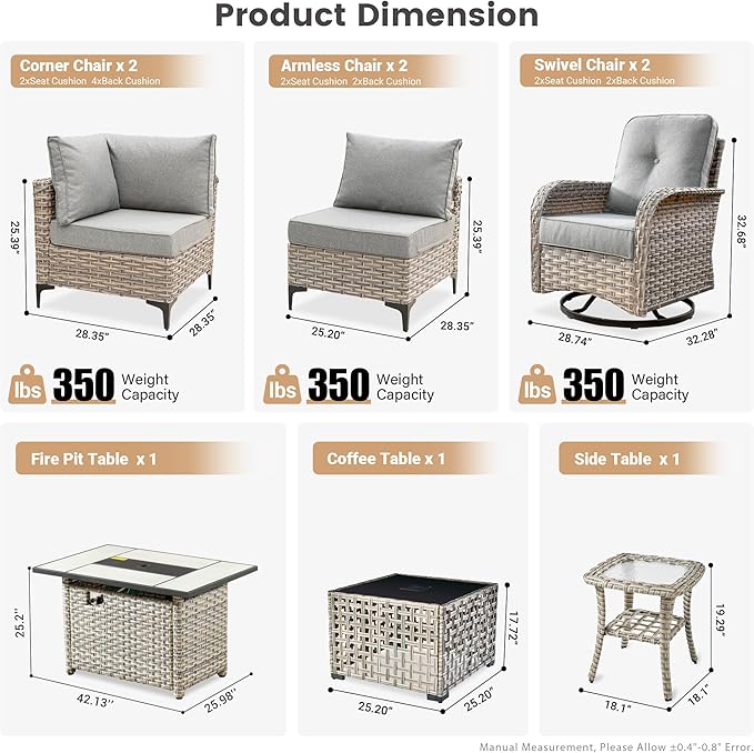 Outdoor Patio Furniture Sets,9 PCS Patio Conversation Set Outside Rattan Sectional Sofa with 42 in Square Fire Pit Table Wicker Rocking Chair Coffee Table Fit Backyard Garden Poolside Balcony