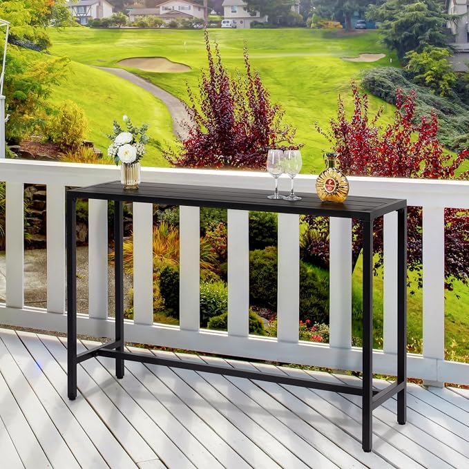 55" Outdoor Patio Bar Table,Rectangle Narrow Outdoor Counter Height Bar Table,Metal Patio Pub Bistro Cocktail Hot Tub Table,with Adjustable Feet,for Garden Deck Yard Poolside Balcony (Black)