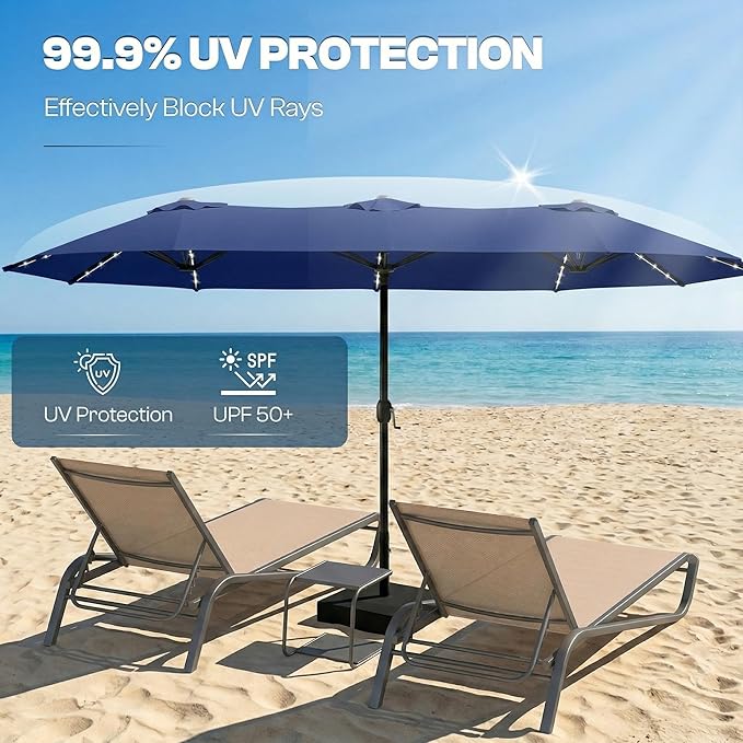 15FT Large Outdoor Patio Umbrella with Solar Lights and Base, Double-Sided Table Umbrellas with 48 LED Lights, Rectangle Market Umbrella for Pool, Deck, Backyard
