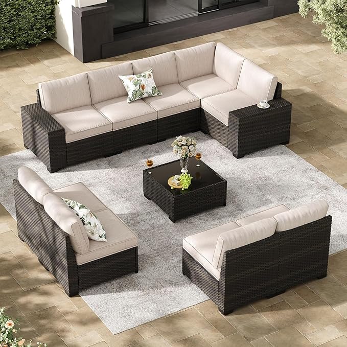 Patio Furniture Set, 10 Pieces Outdoor Couch Sofa with Wider Armrests & Glass Coffee Table, Outdoor Sectional Furniture with Thick Cushions for Party, Poolside,Garden-Beige
