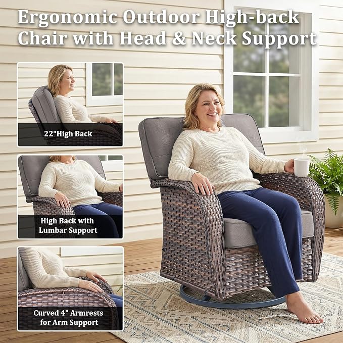 2-Piece Wicker Patio Furniture Set with 5-Inch Thick Cushions Weather Resistant Rattan High Back Swivel Rocker Chairs Senior Friendly Conversation Set for Small Porch Deck Sunroom Brown/Grey